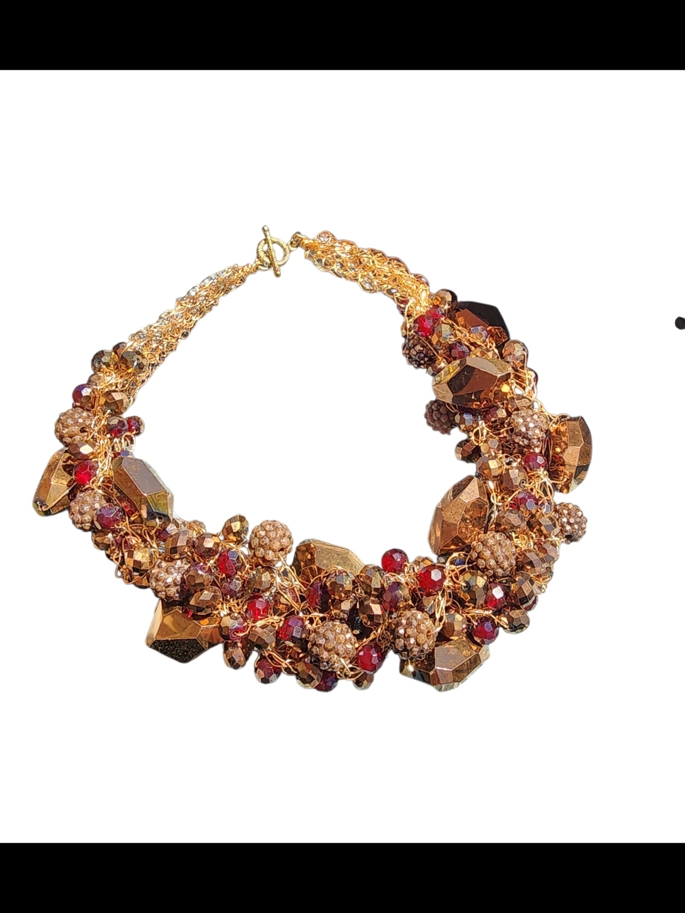 Statement Crystal Cluster Necklace in Gold and Ruby Tones